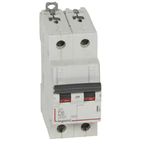 Disjoncteur DX6000 10kA arrivée haute et départ bas à vis 2P 230V~ à 400V~ 6A courbe D 2 modules (408012)