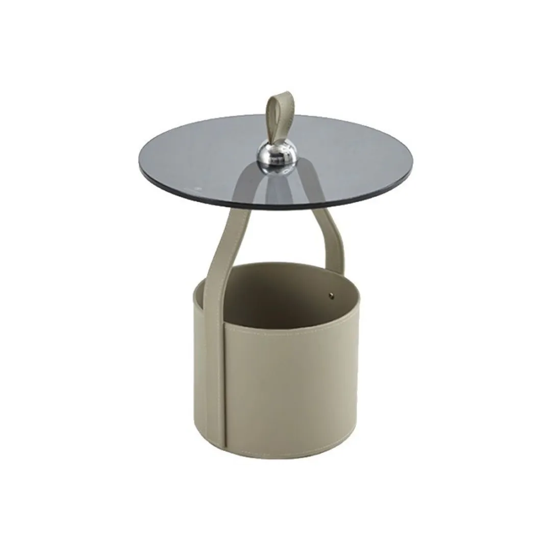 LASIA TABLE D’APPOINT GRIS EN VERRE AVEC RANGEMENT CUIRE 