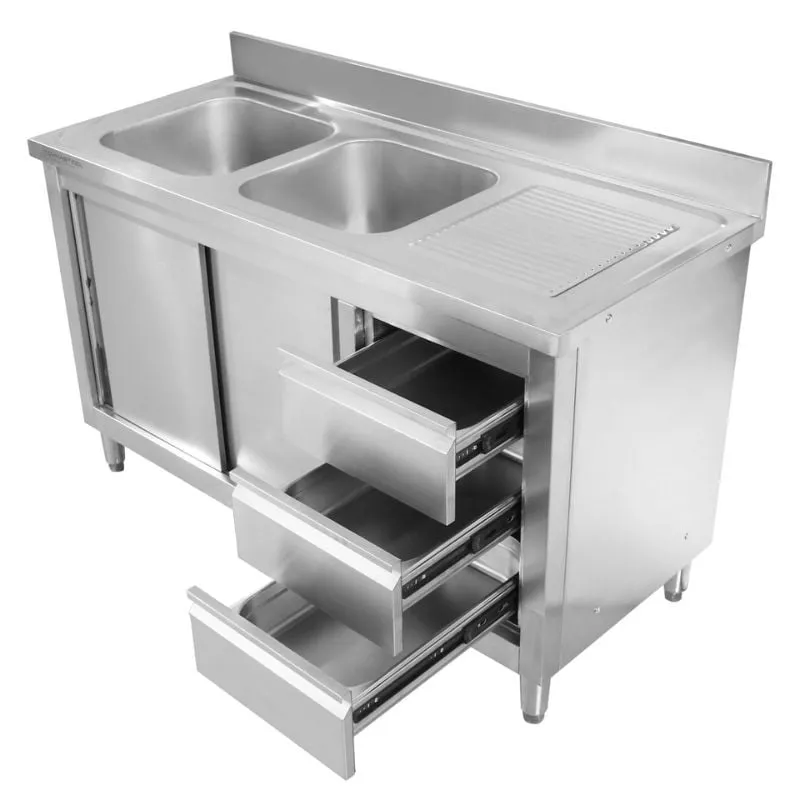 Meuble Plonge 2 Bacs avec Dosseret et 3 Tiroirs - 1400 x 600 mm - Bac à Gauche - Dynasteel