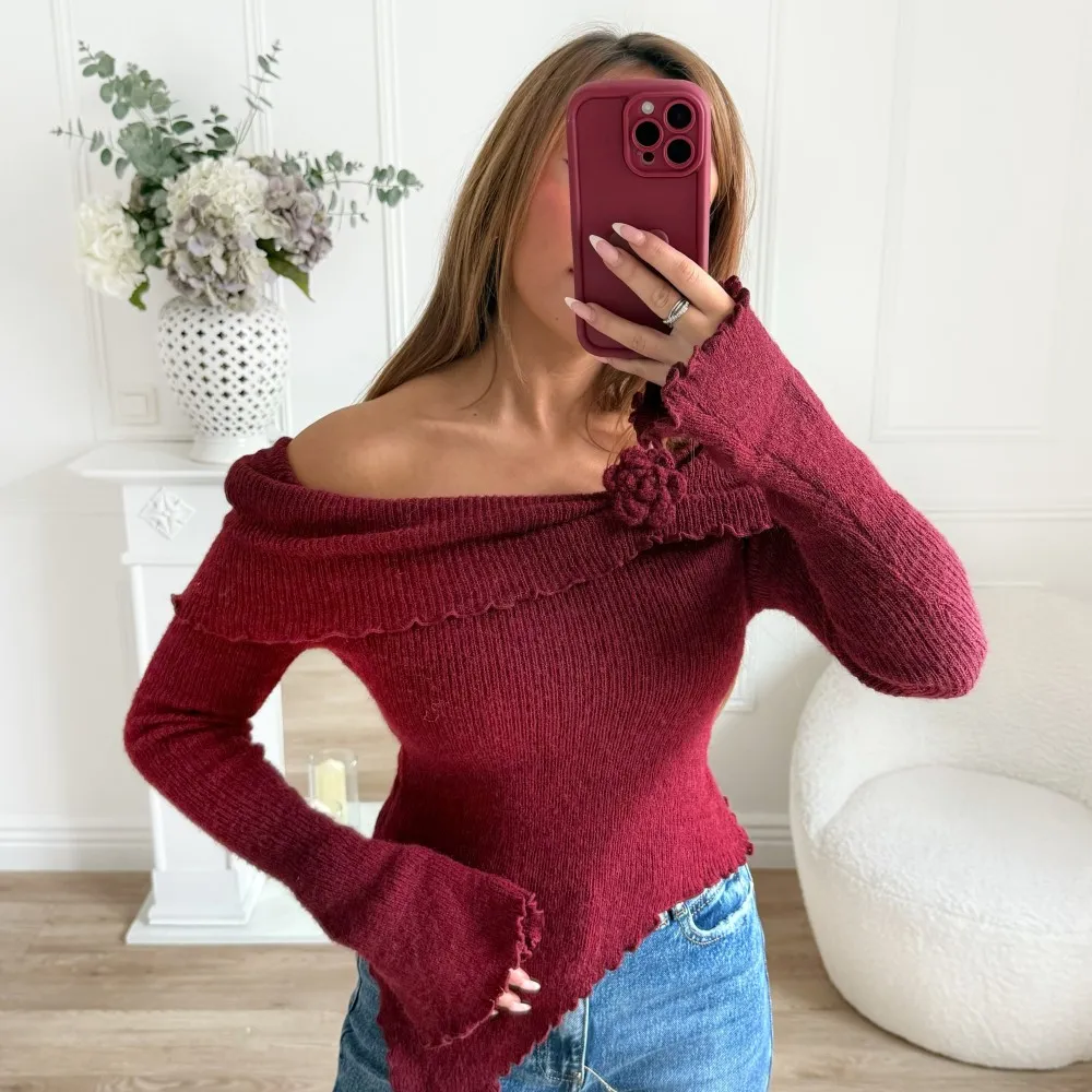 PULL COL BATEAU BORDEAUX FLEUR