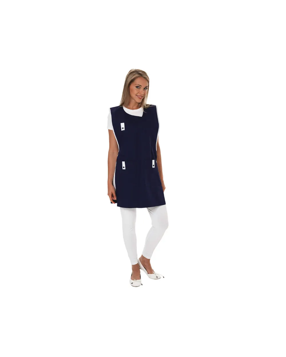 TABLIER CHASUBLE ALICE MARINE PAREMENT BLANC PC 65/35 FERMETURE PAR PRESSIONS