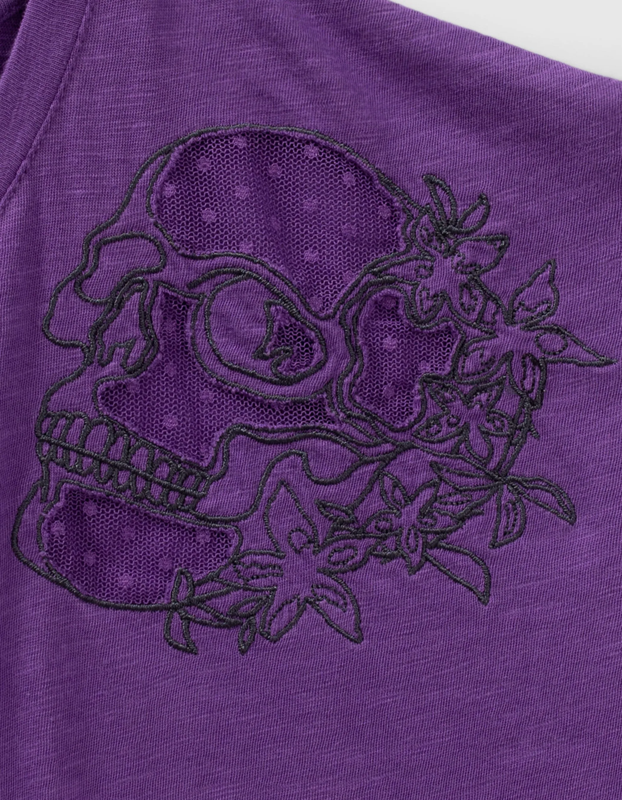 Tee-shirt violet broderie tête de mort avec tulle Femme